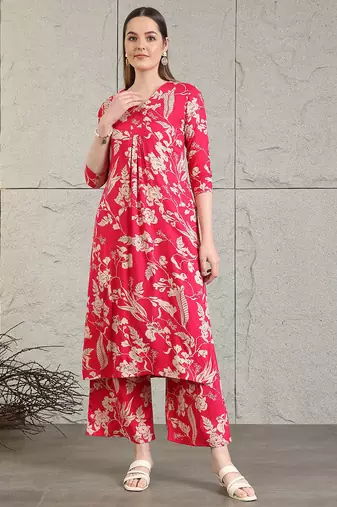 Pink rayon floral printed ethnic kurta palazzo set