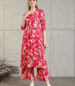 Pink rayon floral printed ethnic kurta palazzo set