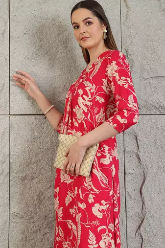 Pink rayon floral printed ethnic kurta palazzo set