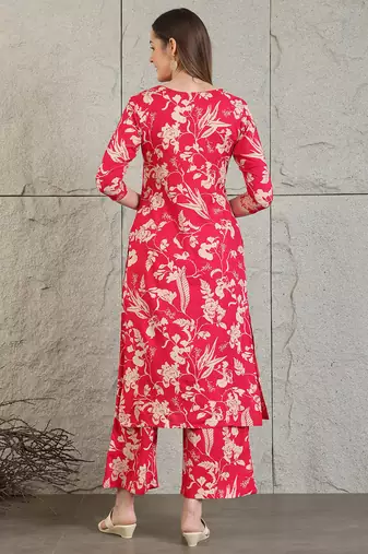 Pink rayon floral printed ethnic kurta palazzo set