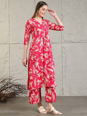 Pink rayon floral printed ethnic kurta palazzo set 4