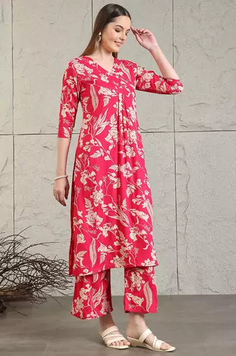 Pink rayon floral printed ethnic kurta palazzo set