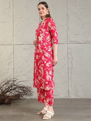 Pink rayon floral printed ethnic kurta palazzo set 5