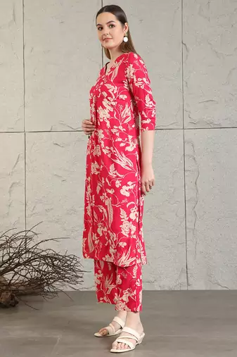 Pink rayon floral printed ethnic kurta palazzo set