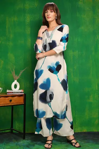 White rayon tie dye printeded ethnic kurta palazzo set