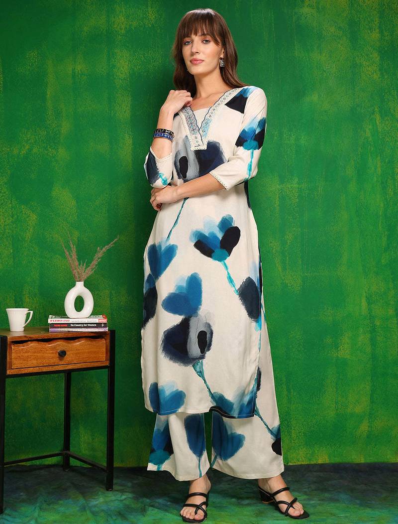 White rayon tie dye printeded ethnic kurta palazzo set