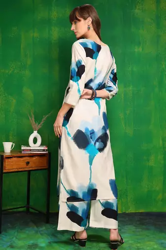 White rayon tie dye printeded ethnic kurta palazzo set