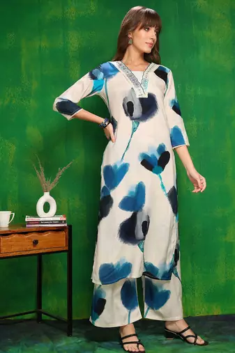 White rayon tie dye printeded ethnic kurta palazzo set