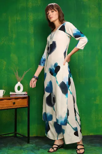 White rayon tie dye printeded ethnic kurta palazzo set
