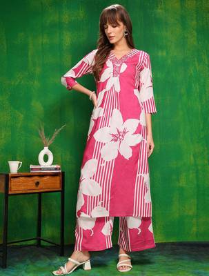 Pink rayon floral printed ethnic kurta palazzo set 1