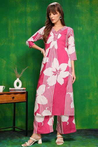 Pink rayon floral printed ethnic kurta palazzo set