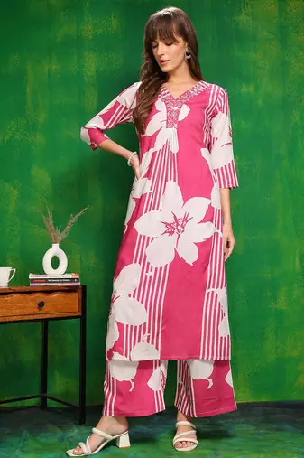 Pink rayon floral printed ethnic kurta palazzo set