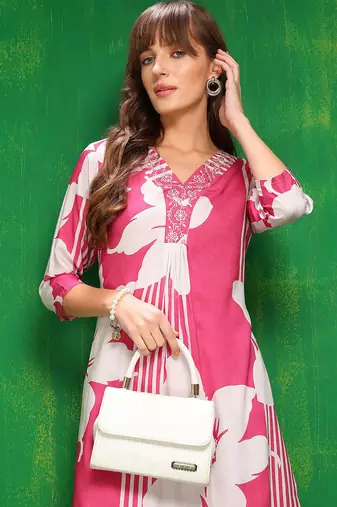 Pink rayon floral printed ethnic kurta palazzo set