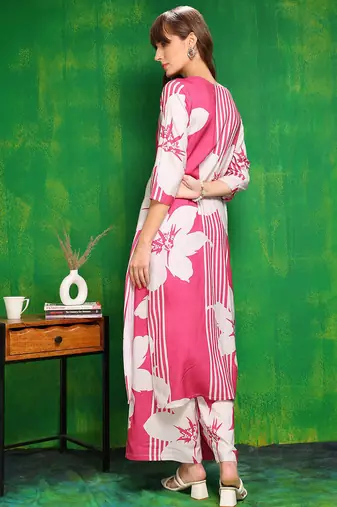 Pink rayon floral printed ethnic kurta palazzo set