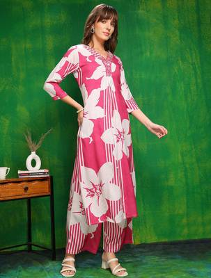 Pink rayon floral printed ethnic kurta palazzo set 4