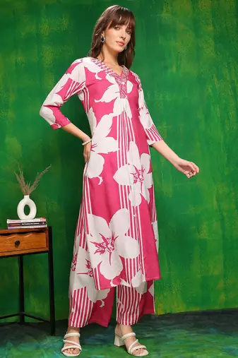 Pink rayon floral printed ethnic kurta palazzo set