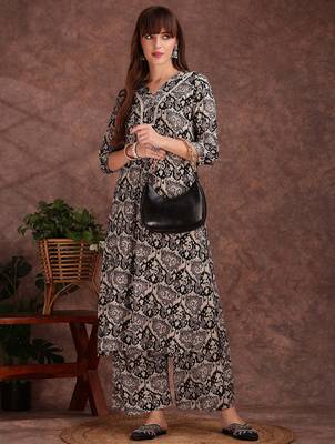 Grey rayon geometric printed ethnic kurta palazzo set 1