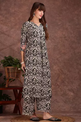 Grey rayon geometric printed ethnic kurta palazzo set