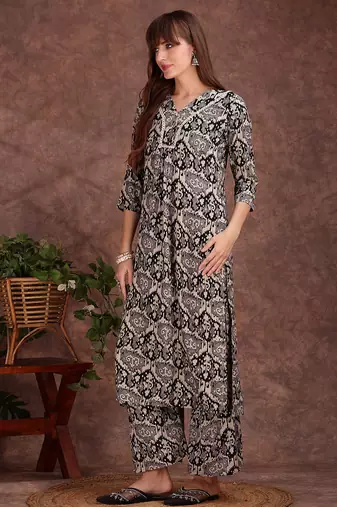 Grey rayon geometric printed ethnic kurta palazzo set