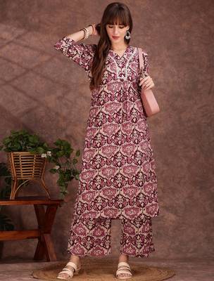 Wine rayon geometric printed ethnic kurta palazzo set 1
