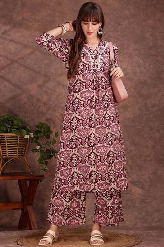 Wine rayon geometric printed ethnic kurta palazzo set