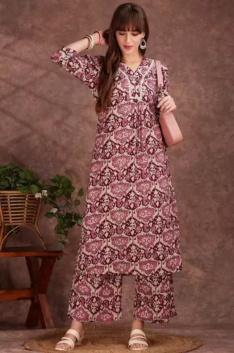 Wine rayon geometric printed ethnic kurta palazzo set