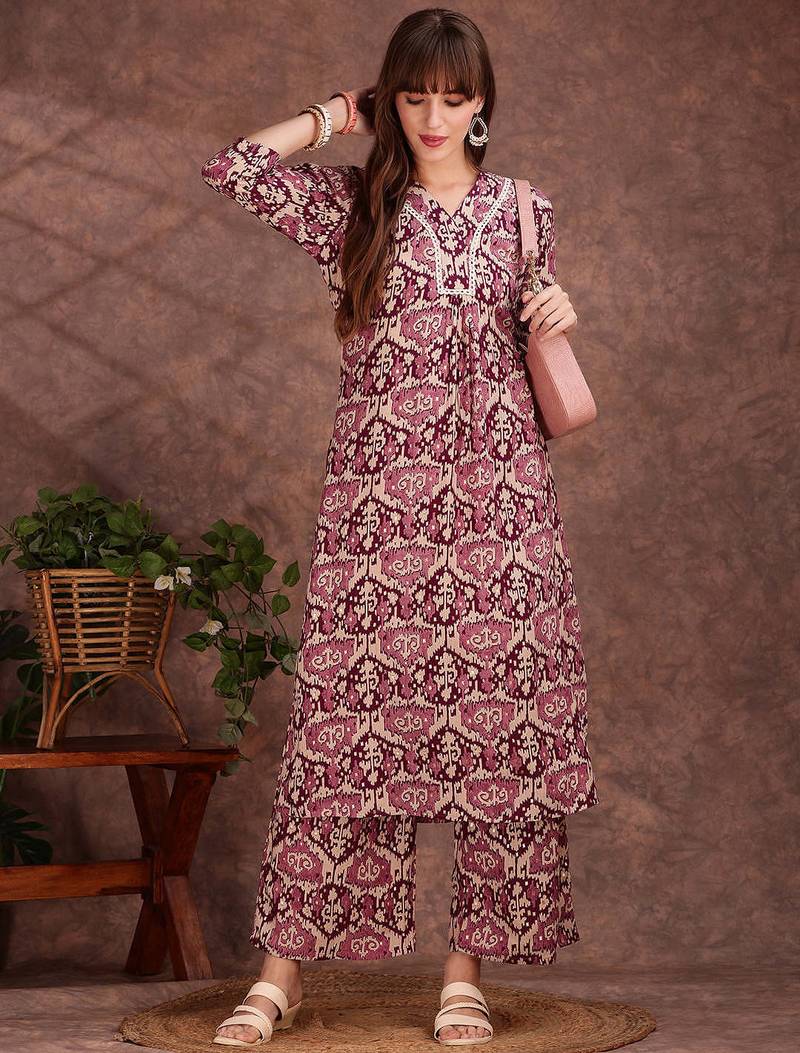 Wine rayon geometric printed ethnic kurta palazzo set