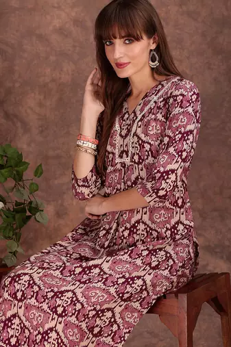 Wine rayon geometric printed ethnic kurta palazzo set