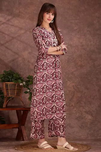 Wine rayon geometric printed ethnic kurta palazzo set