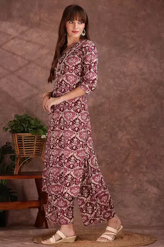 Wine rayon geometric printed ethnic kurta palazzo set