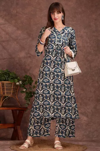 Teal rayon geometric printed ethnic kurta palazzo set