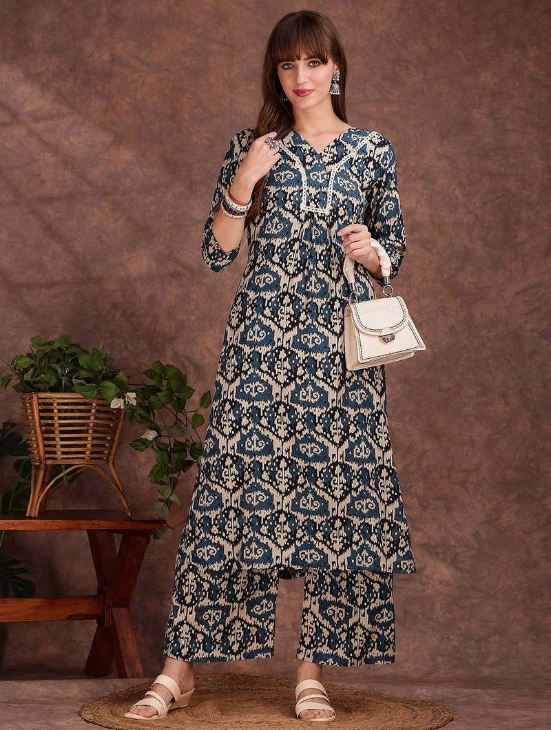 Teal rayon geometric printed ethnic kurta palazzo set