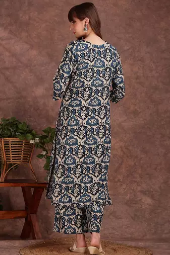 Teal rayon geometric printed ethnic kurta palazzo set