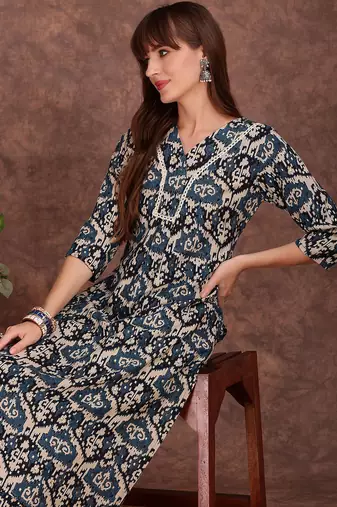 Teal rayon geometric printed ethnic kurta palazzo set