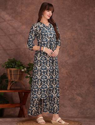 Teal rayon geometric printed ethnic kurta palazzo set 4