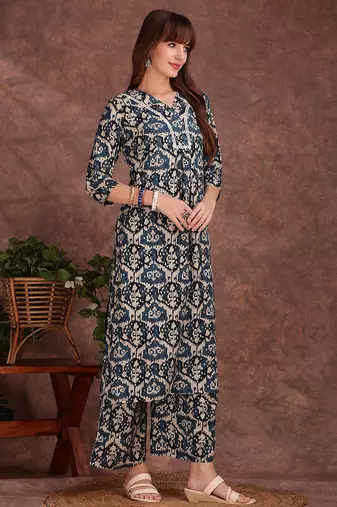 Teal rayon geometric printed ethnic kurta palazzo set