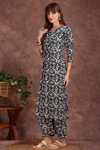 Teal rayon geometric printed ethnic kurta palazzo set