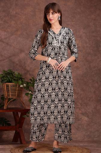 Black rayon floral printed ethnic kurta palazzo set