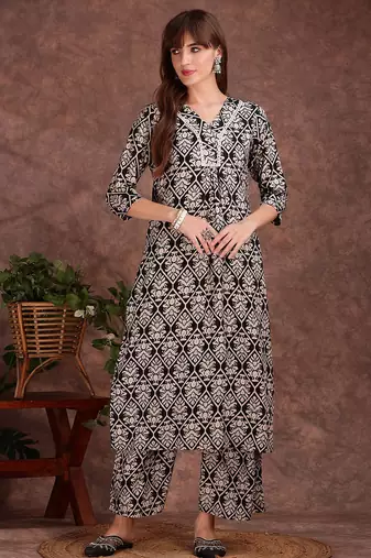 Black rayon floral printed ethnic kurta palazzo set