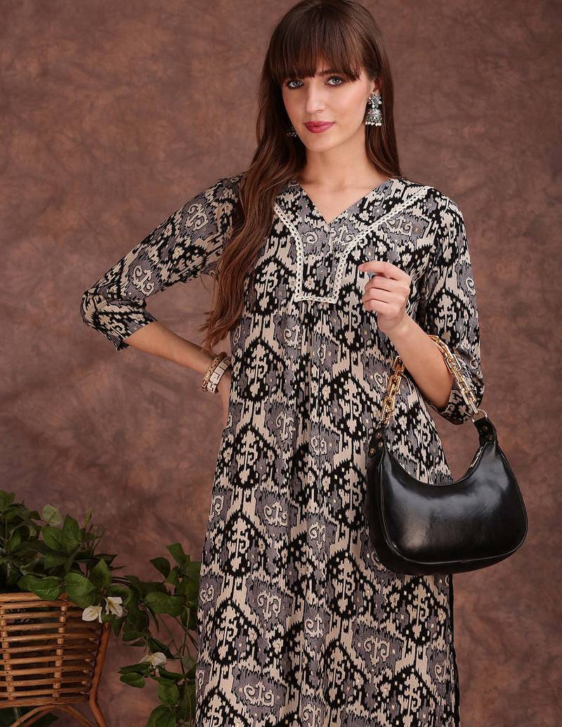 Black rayon floral printed ethnic kurta palazzo set