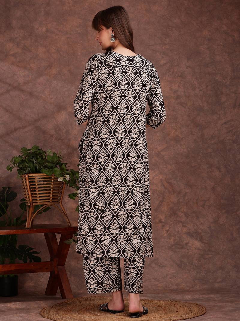 Black rayon floral printed ethnic kurta palazzo set