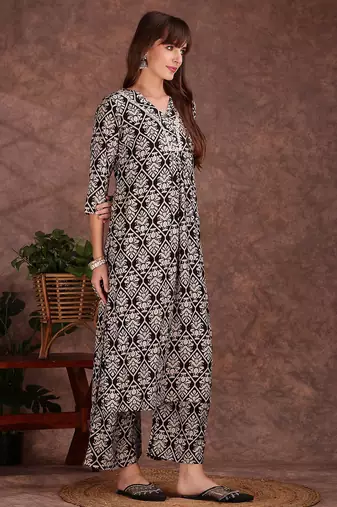 Black rayon floral printed ethnic kurta palazzo set