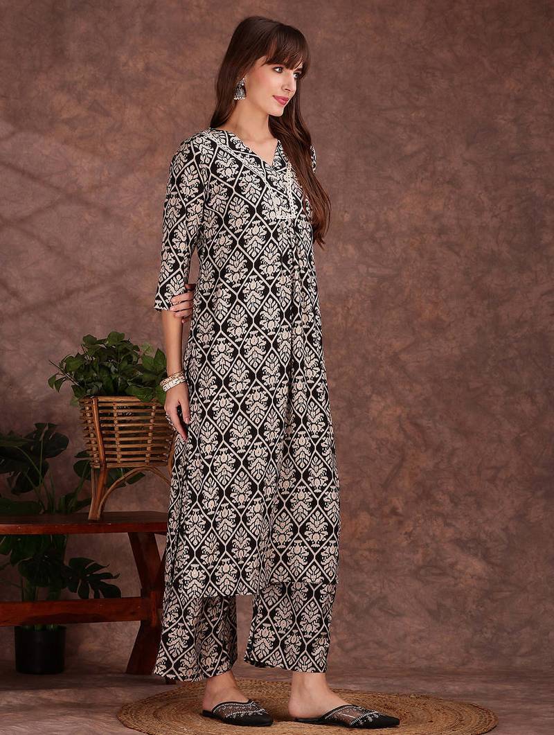 Black rayon floral printed ethnic kurta palazzo set