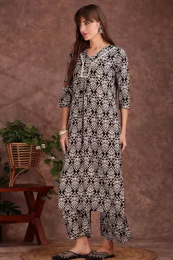 Black rayon floral printed ethnic kurta palazzo set