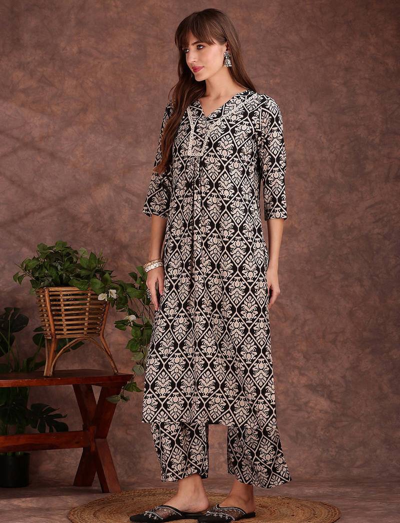 Black rayon floral printed ethnic kurta palazzo set