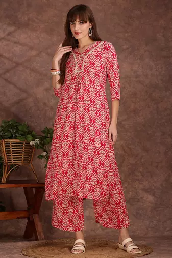Pink rayon floral printed ethnic kurta palazzo set