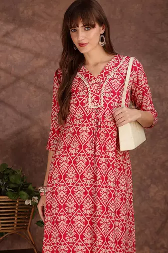 Pink rayon floral printed ethnic kurta palazzo set