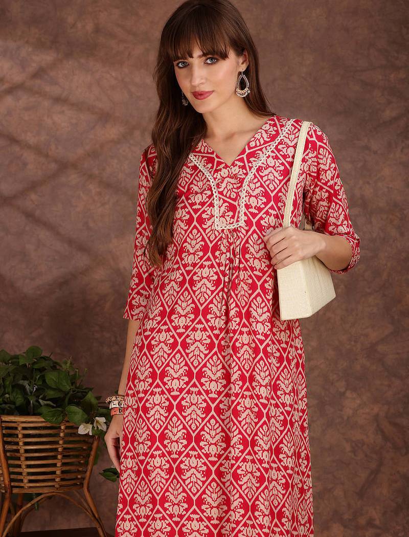 Pink rayon floral printed ethnic kurta palazzo set