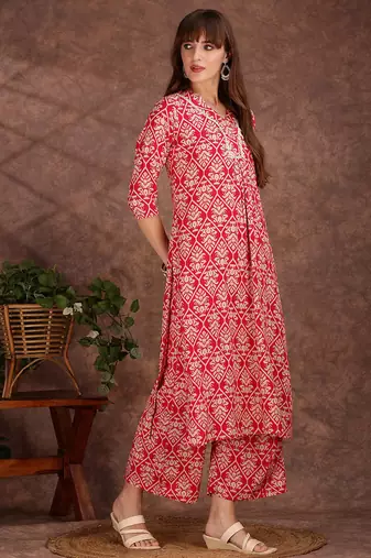 Pink rayon floral printed ethnic kurta palazzo set