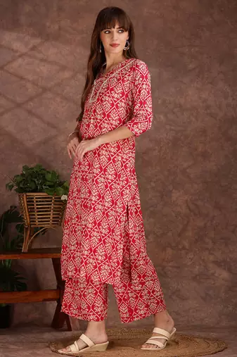 Pink rayon floral printed ethnic kurta palazzo set